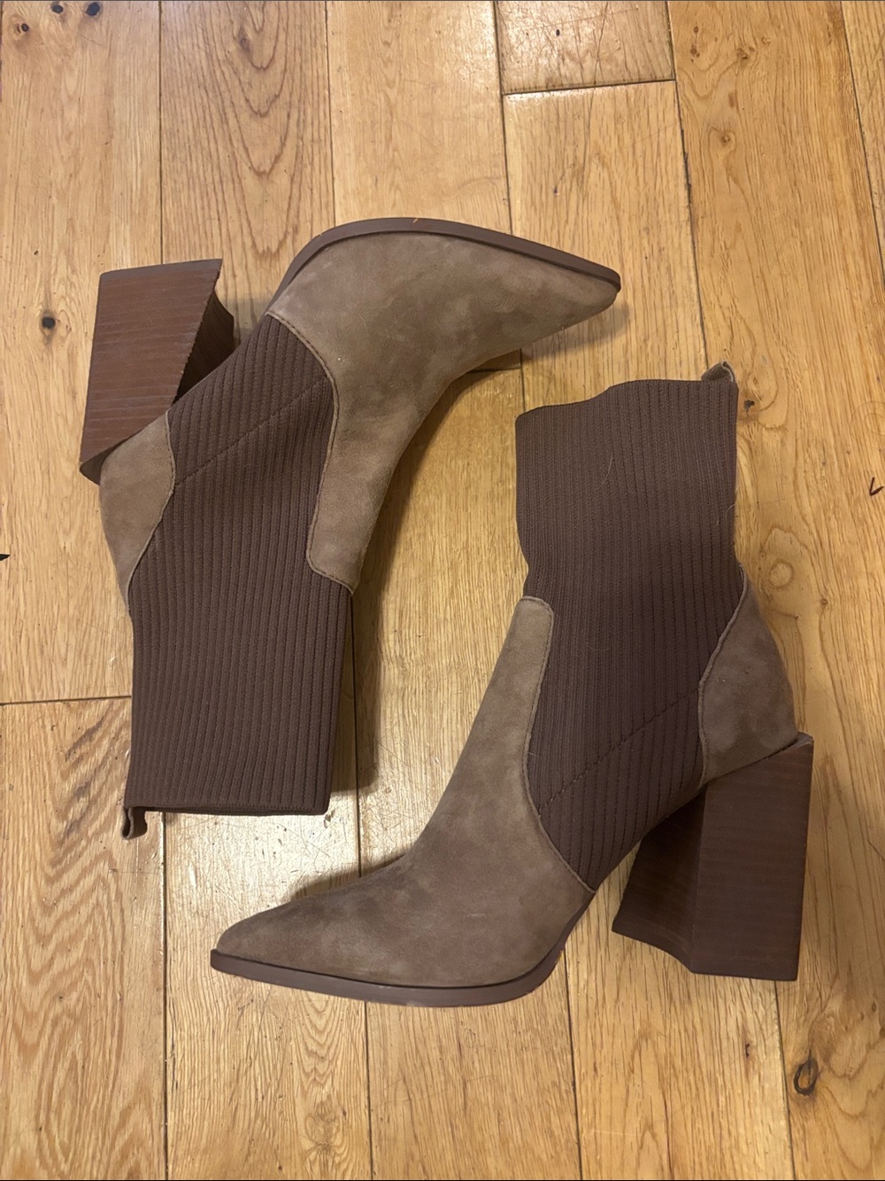 NWOB Steve Madden Tackle Taupe & Dark Brown Faux Suede Block Heel Sock Booties